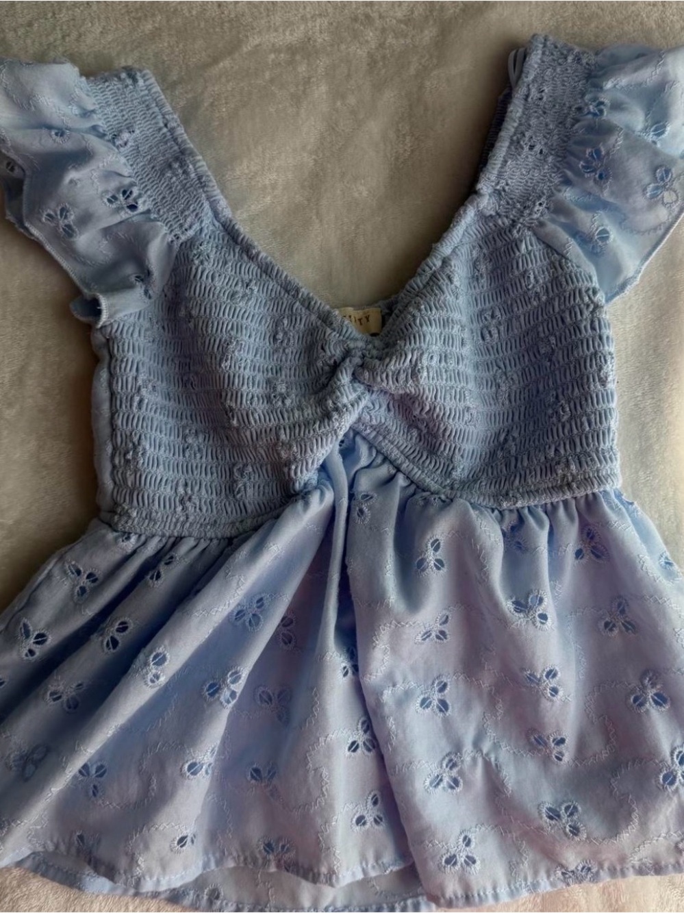 Light Blue Eyelet Smocked Tie-Front Blouse - Brand Unspecified